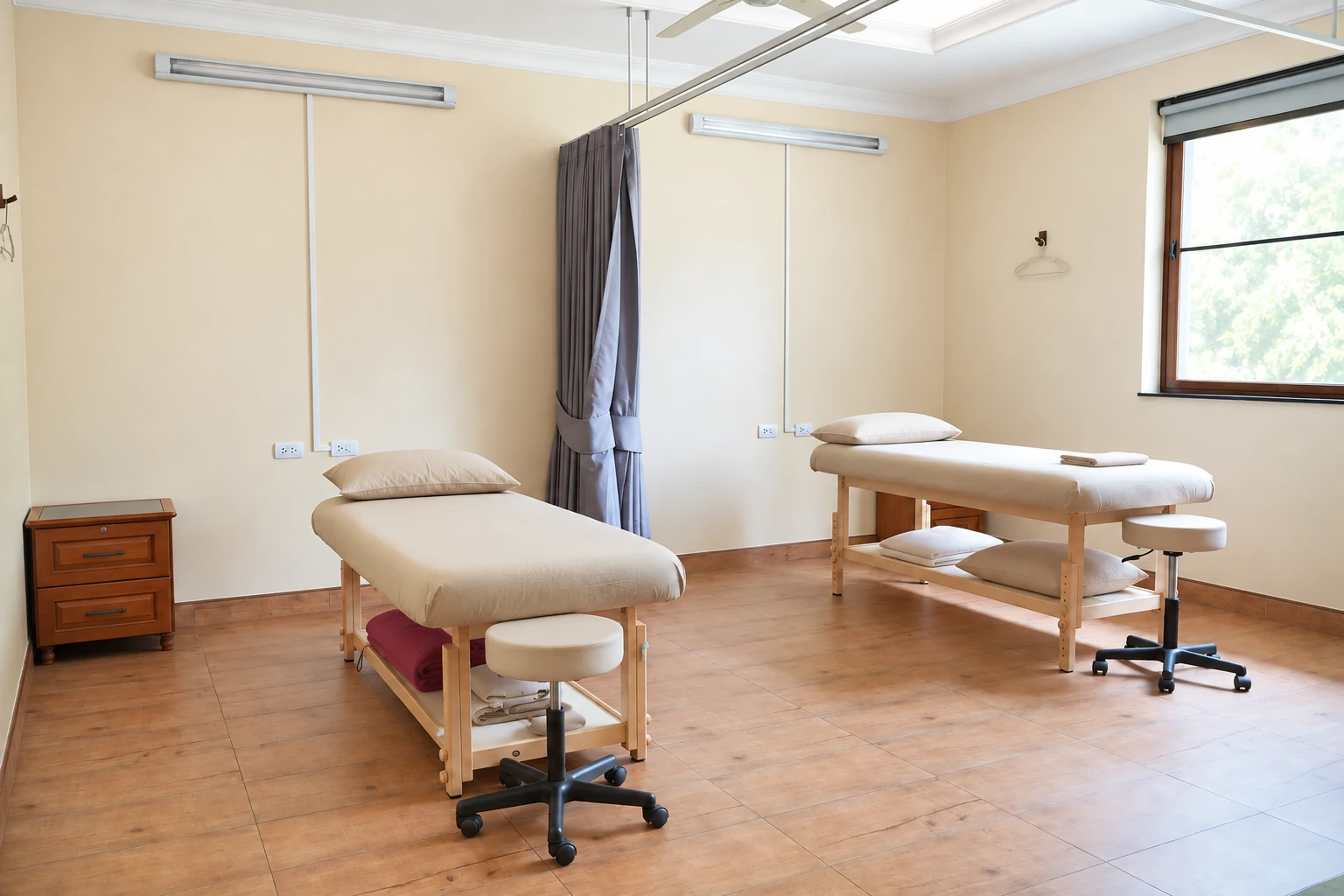 R&P treatment room with two treatment tables, privacy curtains and natural light.